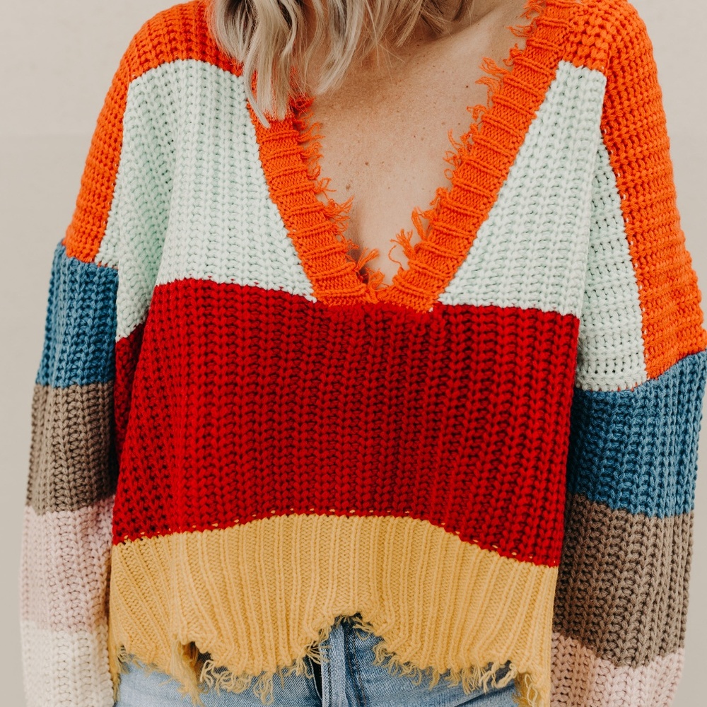 HOST PICK MULTI COLORED STRIPED DISTRESSED SWEATER - Picture 6 of 8